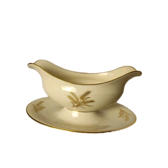 Lenox Harvest Wheat - 24k Gold Edged - Gravy Boat w/ Attached Underplate - EX!
